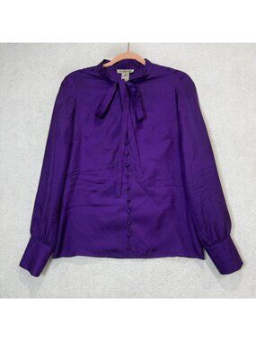 Jigsaw Blouse Womens 6 Purple 100% Silk Satin High Neck Bow Long Sleeve Top
